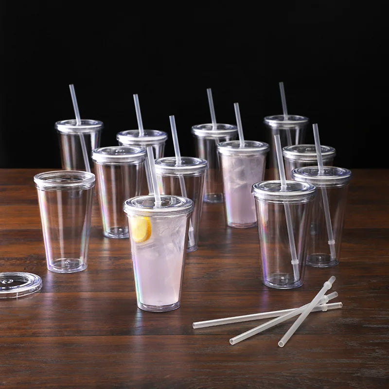 Wholesale 16oz Plastic clear Water Bottle Reusable Cups Juice Drink Tumbler Coffee Mug with Lid and Straw Custom logo