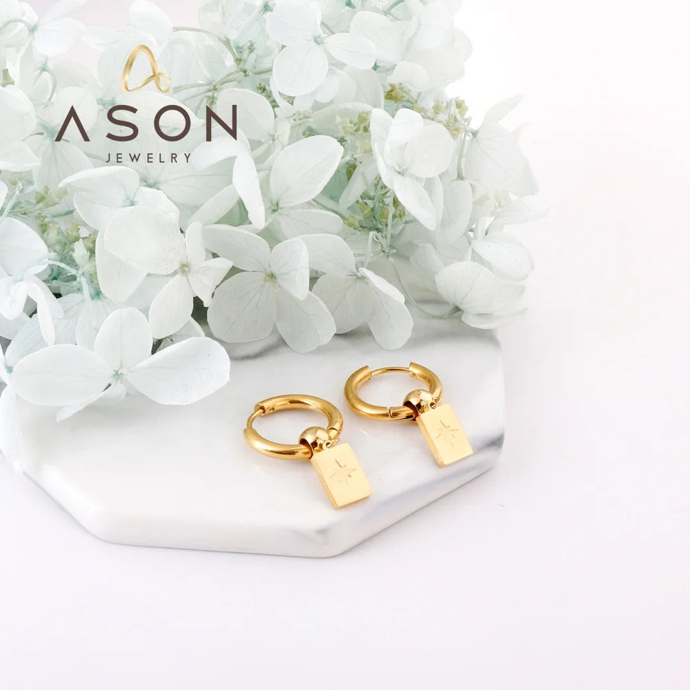 Ason New Fashion Gold Plating Stainless Steel Jewelry Drop Earrings Wholesale Rectangular Star Design Hoop Earrings for Women