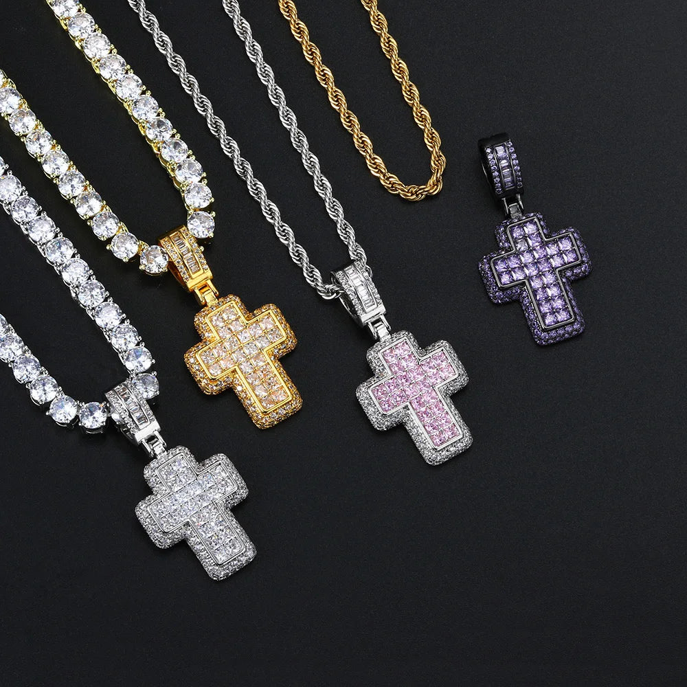 Hip Hop Iced Cross Pendant Necklace AAA+ Cubic Zirconia Black Zinc Plated Copper Color Rope Chain Men Jewelry Gift Party LAMOON
