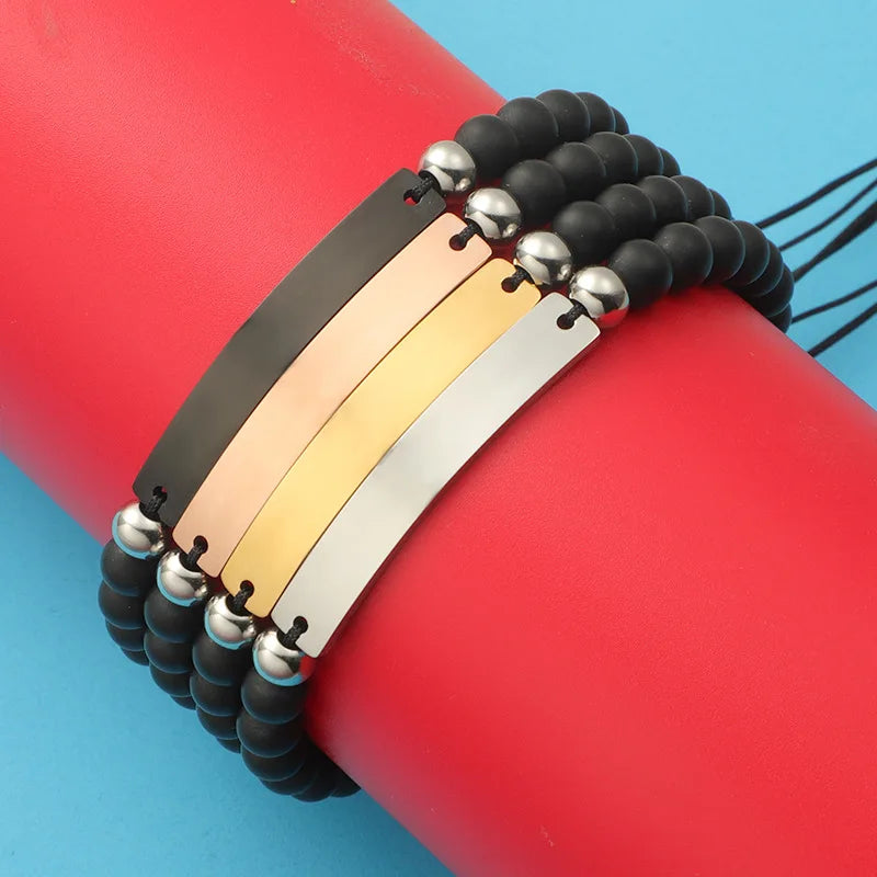 Personalized Bracelet Natural Stone Adjustable Beaded Bracelet Stainless Steel Blank Bar Stone Beads Bracelet for Couples