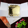 Luxury Silk Box Hardboard Box Gold Mirror Laser Cutting Acrylic Card with Buckle and Ribbon Invitation Cards RSVP Cards