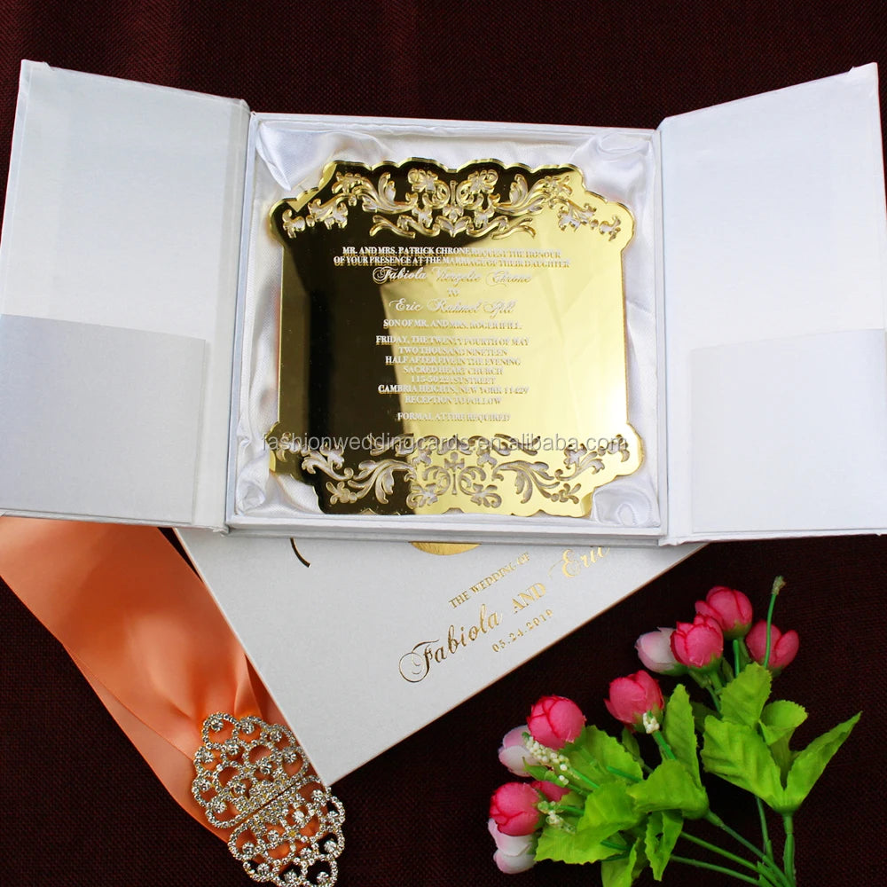 Luxury Silk Box Hardboard Box Gold Mirror Laser Cutting Acrylic Card with Buckle and Ribbon Invitation Cards RSVP Cards