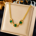New Fashion Women Non Tarnish 18k Pvd Gold Plated Emerald Zircon Pendant Necklace 316L Stainless Steel Gold Necklace
