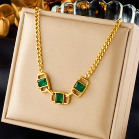 New Fashion Women Non Tarnish 18k Pvd Gold Plated Emerald Zircon Pendant Necklace 316L Stainless Steel Gold Necklace