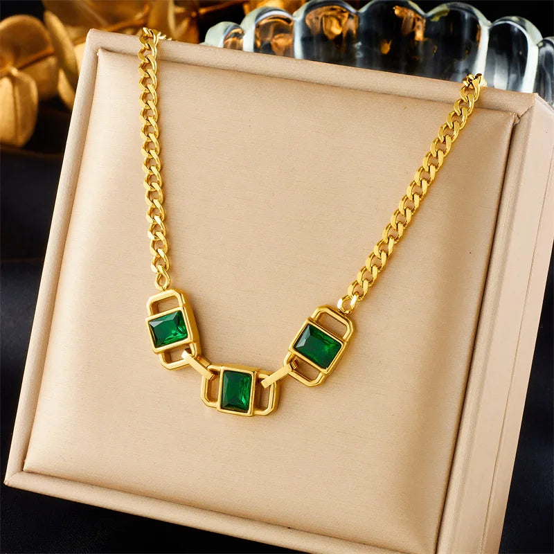 New Fashion Women Non Tarnish 18k Pvd Gold Plated Emerald Zircon Pendant Necklace 316L Stainless Steel Gold Necklace