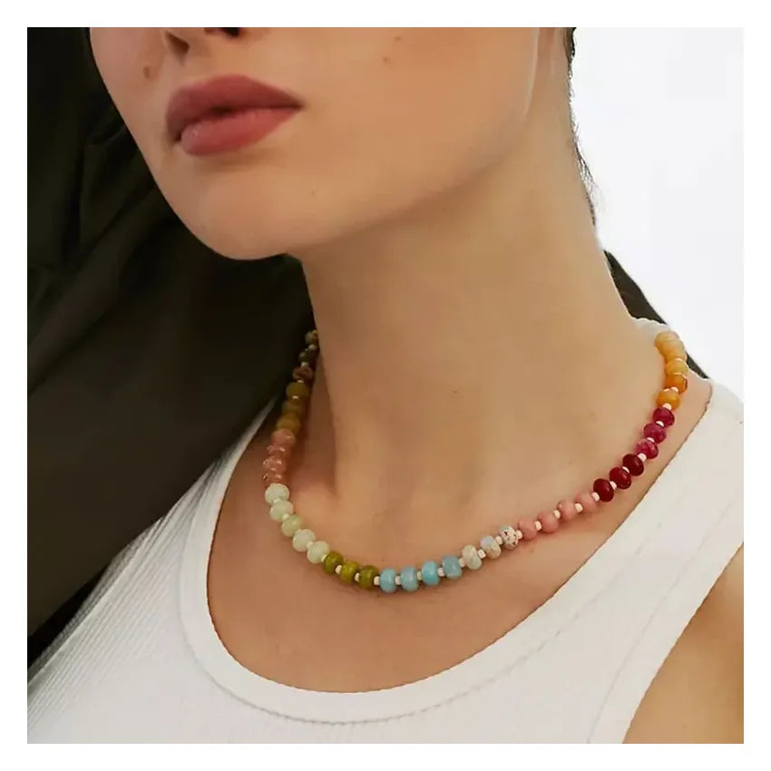 Zooying Adjustable Summer Rainbow Necklace Multicolor Simulated Stone Beads Boho Layered Jewelry