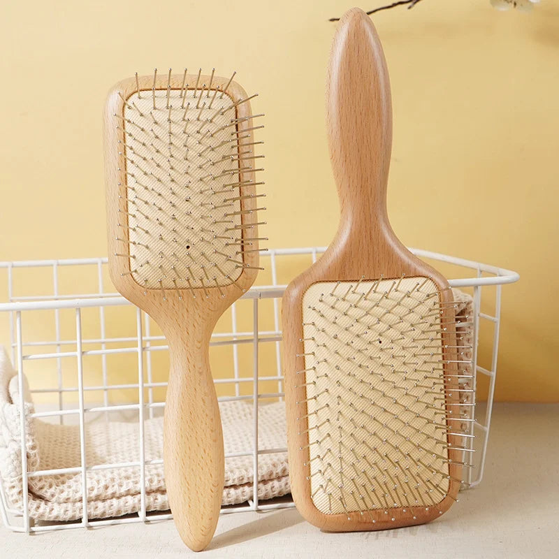 Luxury Airbag Cushion Hair Brush Beech Wood New Design Anti-Static Detangling Hair Comb Metal Stainless Steel Bristle Detangler