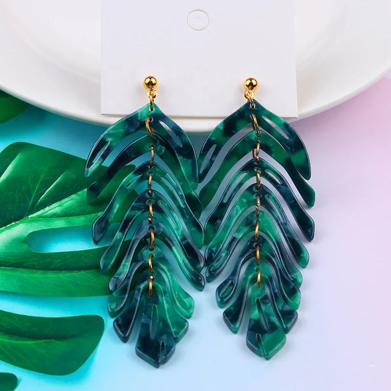 Fashion Trendy Leaf Earrings Wholesale OEM ODM Simple Leaves Tassel Acrylic Drop Earring