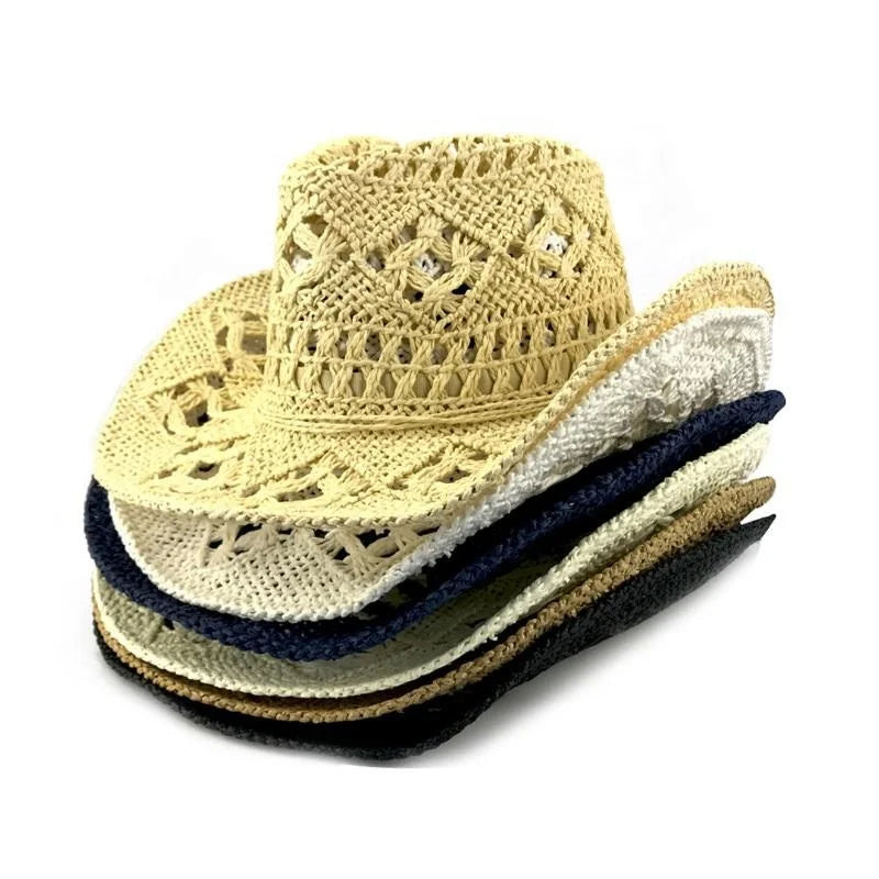 Wholesale Hand Crochet Hollow Design Western Summer Paper Straw Cowboy Hats for Women Men Resort Beach Travel Sun Shade