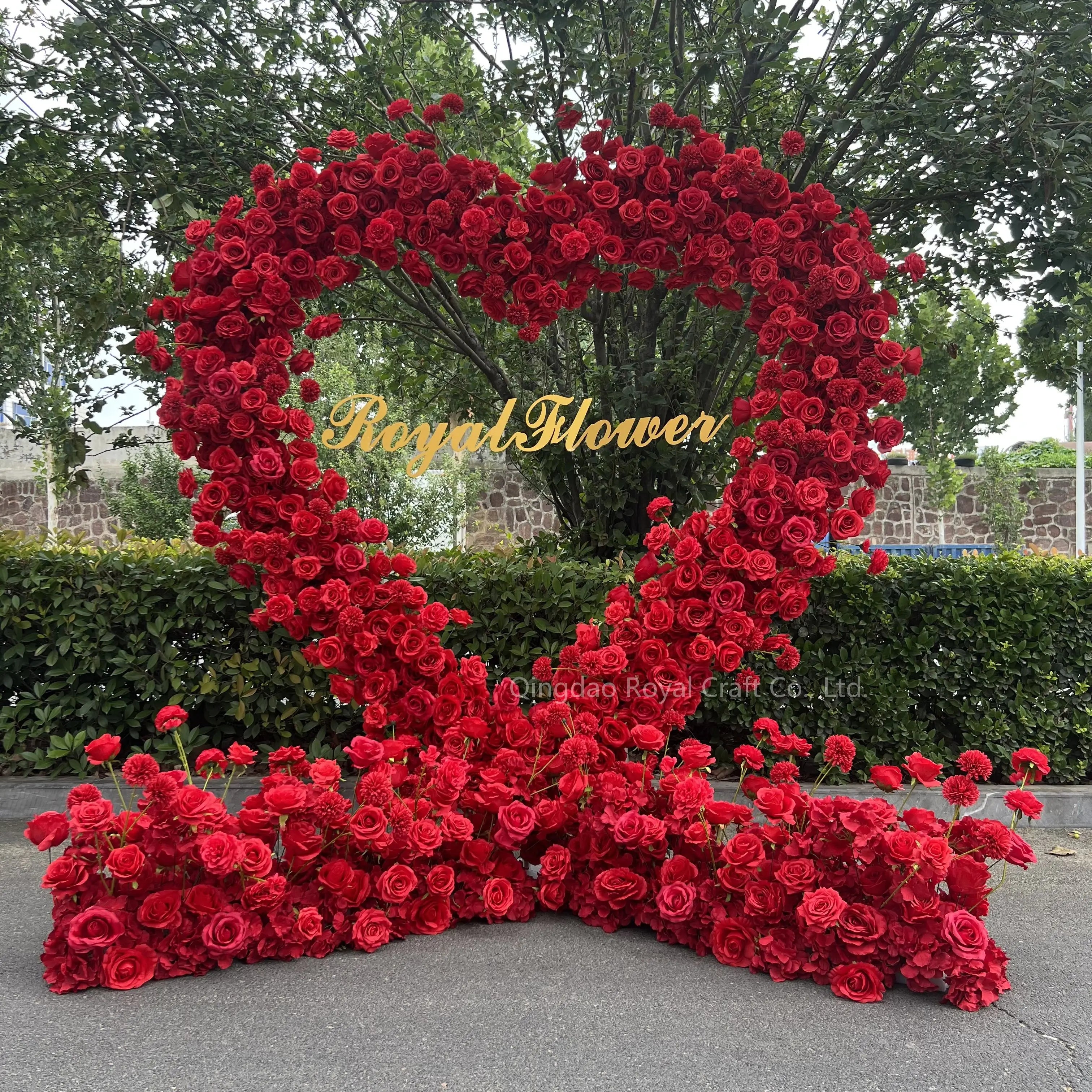 Red Heart Shape Flower Arch With Stand Artificial Rose Flower Backdrop Wedding Stage Decoration Heart Flower Arch