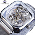Forsining Men Silver Mechanical Watch Skeleton Self-Wind Transparent Watches Fashion Stainless Steel Mesh Band Man Wristwatch