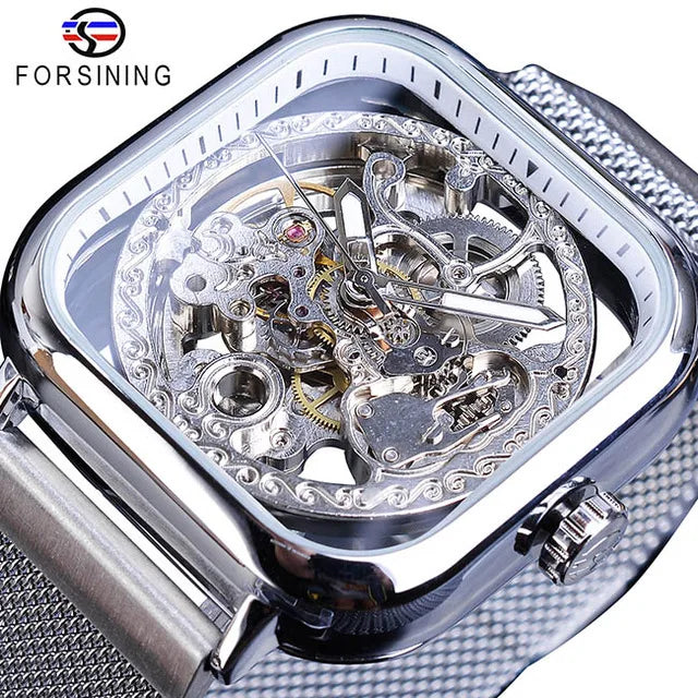 Forsining Men Silver Mechanical Watch Skeleton Self-Wind Transparent Watches Fashion Stainless Steel Mesh Band Man Wristwatch