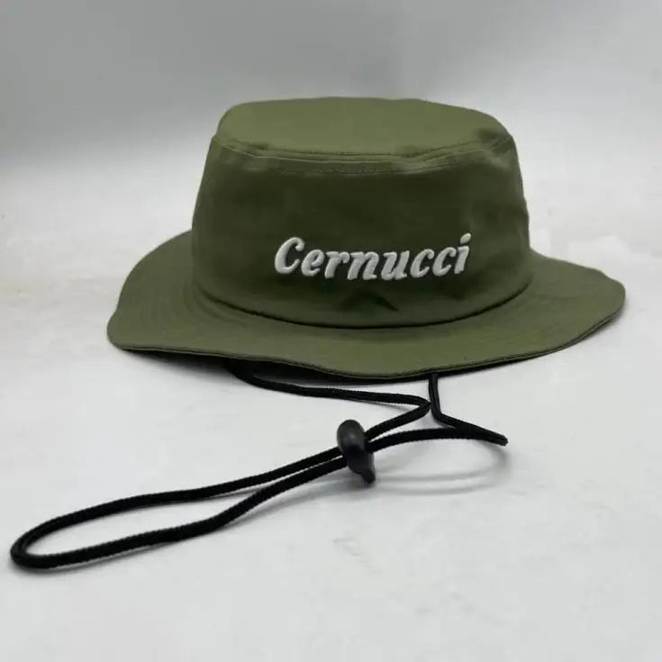 Custom 3D Embroidered Olive Green Cotton Bucket Hat Wide Brim Fishing Hat with String for Casual Travel for Outdoor Use