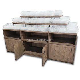 Customized Double-Sided Heavy Duty Wooden Supermarket Display Racks with LED Lighting Rotating 3-Layer Design for Retail Stores