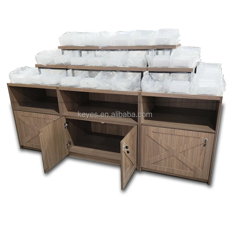 Customized Double-Sided Heavy Duty Wooden Supermarket Display Racks with LED Lighting Rotating 3-Layer Design for Retail Stores