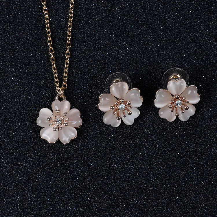 Fresh Cat Eye Diamond Flower Necklace Earrings Two-Piece Set Peach Flower Opal Necklace and Earrings Jewelry Sets for Party