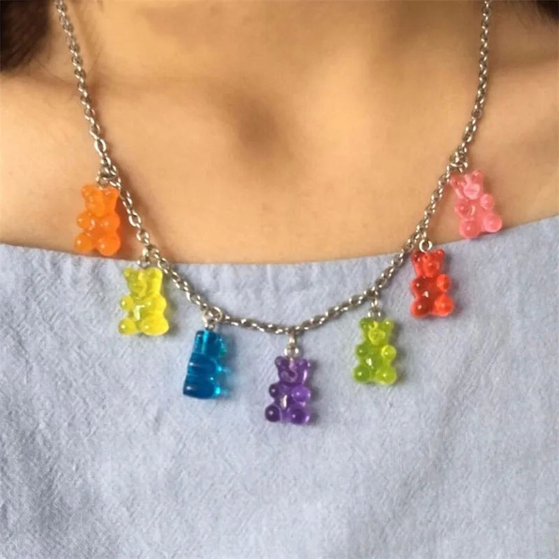 FS Cartoon Lovely Animal Pendant Resin Necklace Acrylic Jelly Little Bear Thin Chain Link Chokers Anniversary Jewelry 1 Piece