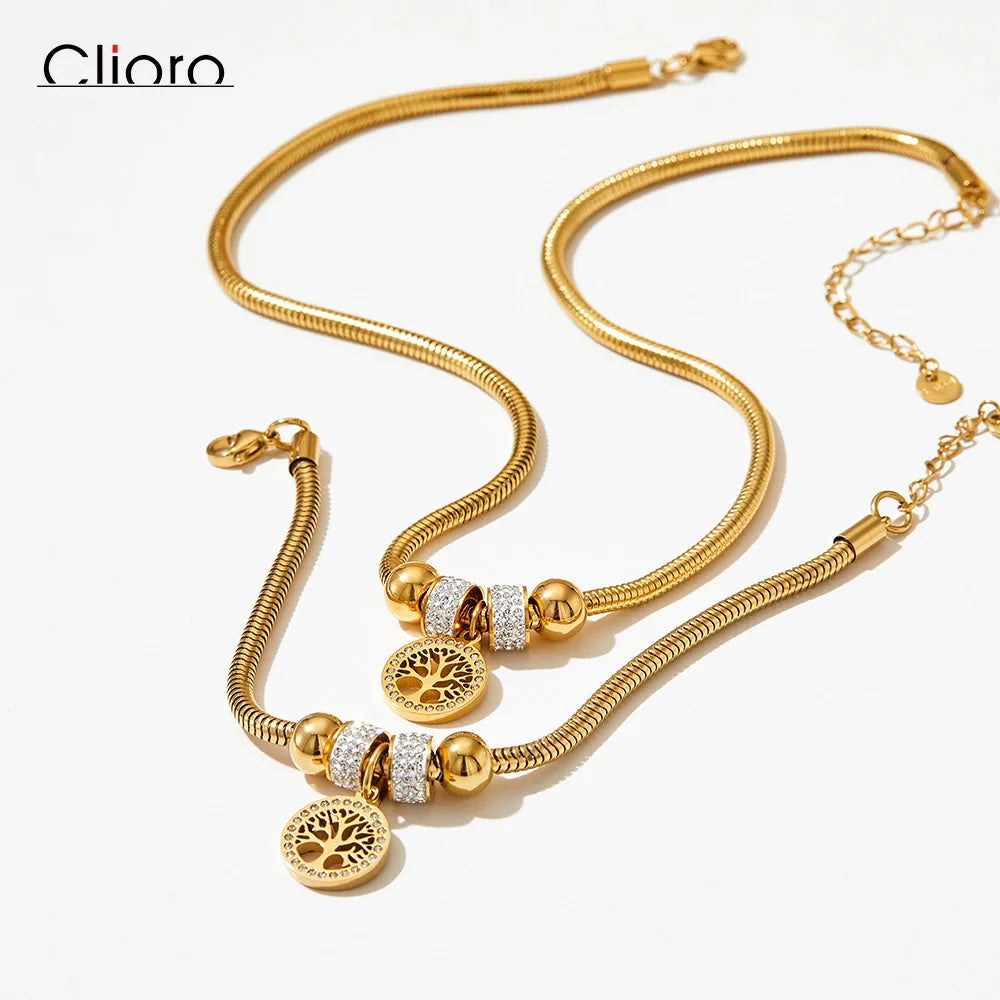 Women's Stainless Steel Jewelry Set Gold Plated Tree of Life Pendant Diamond Round Snake Bone Chain for Wedding