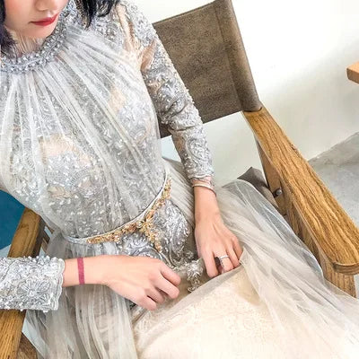 AL1204 2025 Long Sleeved Performances Banquet champagne Gray Bride Wedding Dresses Fashion Elegant Pearl Lace Evening Dresses