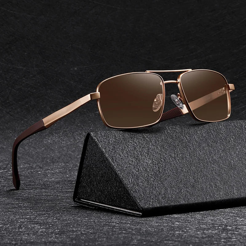 High Quality Classic Men's Rectangle Double Bridge Sunglasses Business-Style Sprint Hinges Polarized Lenses Made Tac Material