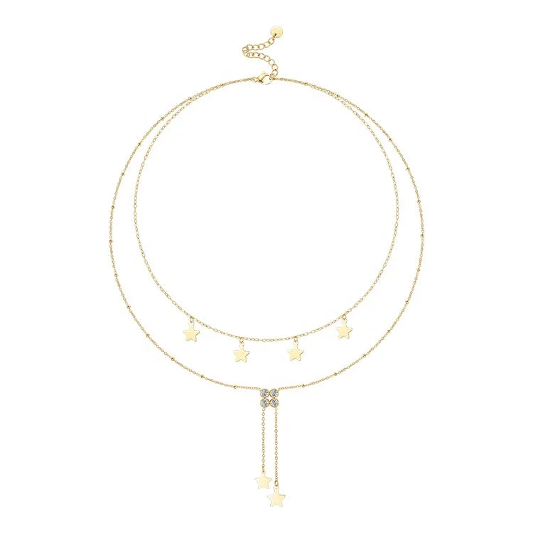 18K Gold Plated Stainless Steel Jewelry Multilayer Chain Five Pointed Star Choker Zircon Pendant Necklace P213223