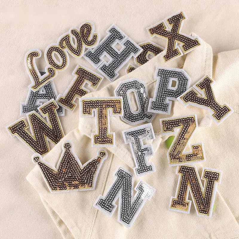 Custom Iron on Embroidered PVC Gold Silver Sequin Eco-Friendly Letter Patches Applique for Clothing