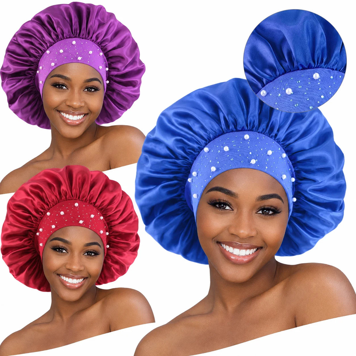 Wholesale Pearl Rhinestone Satin Bonnet for Women Silky Hair Sleep Cap MegaBDM