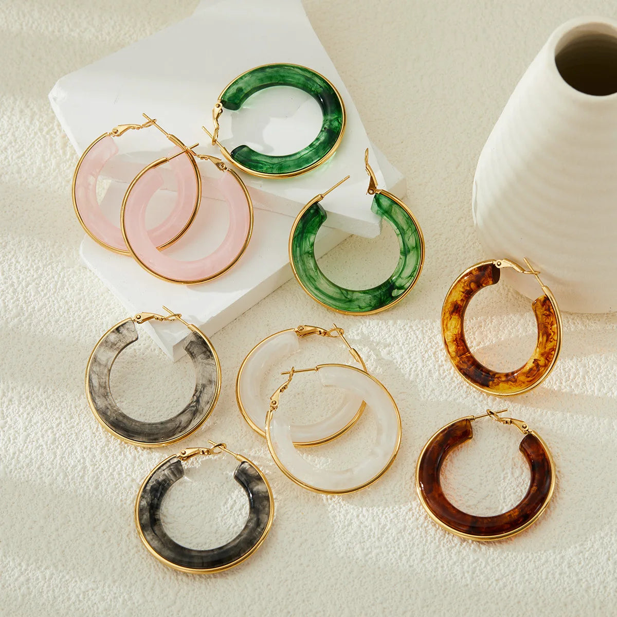 Retro Gold Plated Stainless Steel Big Circle Hoop Earrings Geometric Round Acrylic Resin Women Elegant Party Earring Jewelry