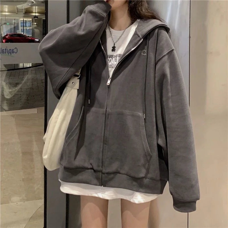 Women Casual Zip up Oversized Hoodie Sweatshirt Female Streetwear Hooded Pocket Zipper Harajuku Sweat Shirt Y2k Top Clothes