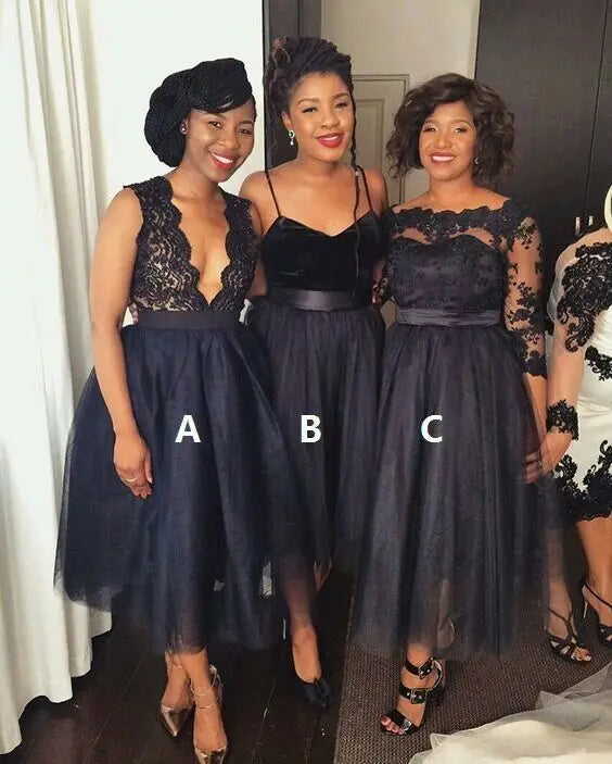 A Line Ankle Length Appliques African Cheap Plus Size Customized Wedding Guest Party Black Bridesmaid Dresses MB403