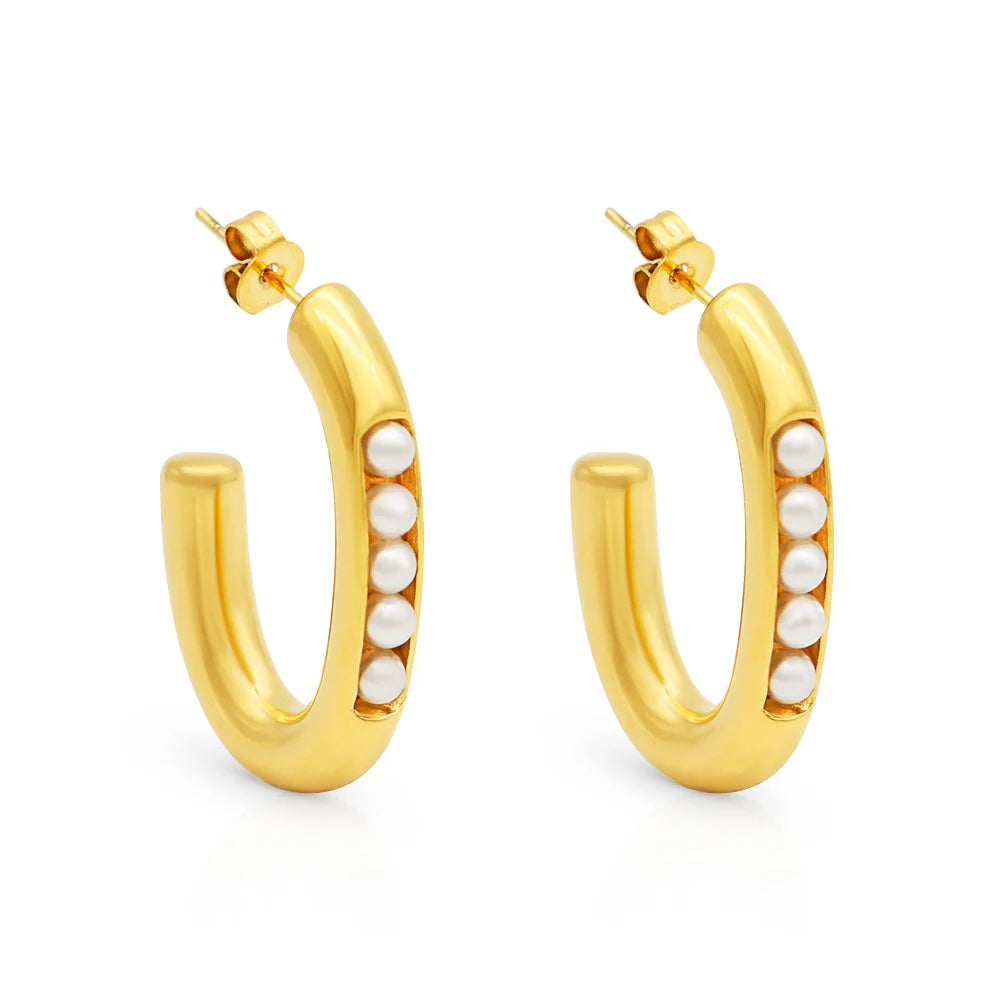 Chris April 316 Stainless Steel Pearls Paved U Shape Fashion Jewelry Hoop Earrings