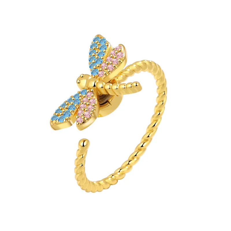 Hot Sale Adjustable Open Rotatable Cubic Zirconia Dragonfly Pattern Spinner Fidget Anxiety Ringfor Women Gift