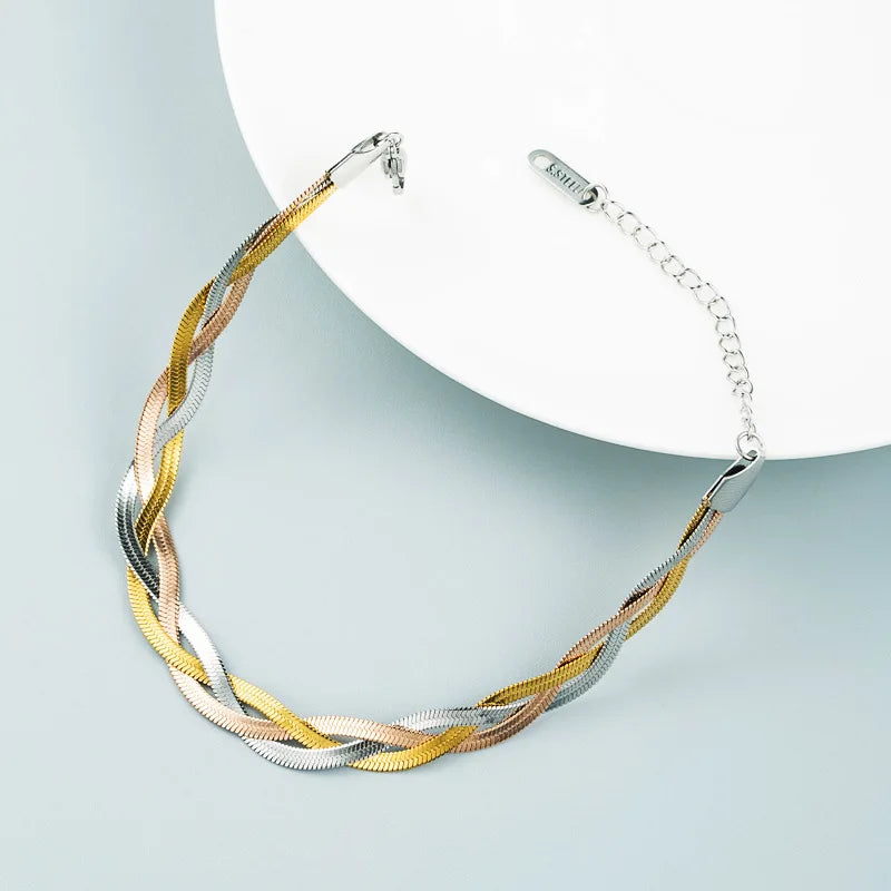 Electroplated Stainless Steel Titanium Snake Bangle Female Simple Personality Three-color Twist Braid Hip Hop Bracelet Women