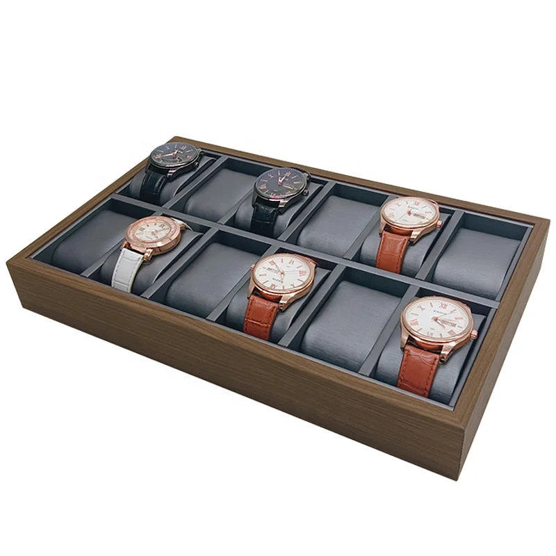 Luxury Vintage Walnut Peel Wooden Watch Display Stand Watches Bracelets Rectangle Storage Organizer Tray Gray PU Leather Pillow