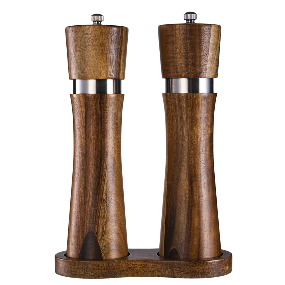 Kitchen 8in Wooden Salt & Black Pepper Grinder Set Acacia Wood and Metal Manual Pepper Mill OEM Gift Box with Spice Tray