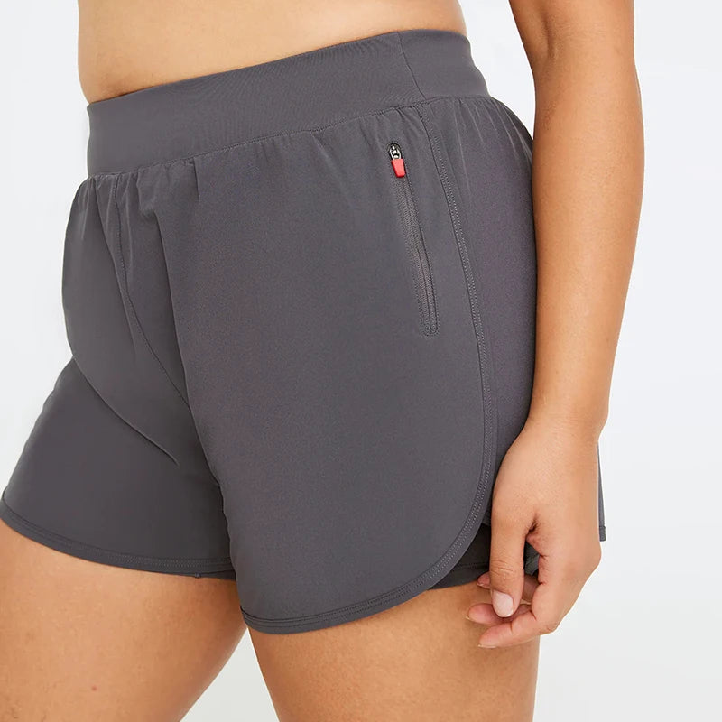 Women's Double Layer Gym Mesh Running Shorts Breathable 2-in-1 Polyester Athletic Fitness Jogging Shorts Logo Adjuster Solid