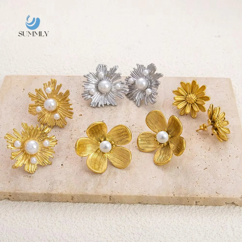 SUMMLY Vintage Wholesale Personalized Creative Flower Shape Earrings 18K Gold Plated Stainless Steel Fashion Jewelry
