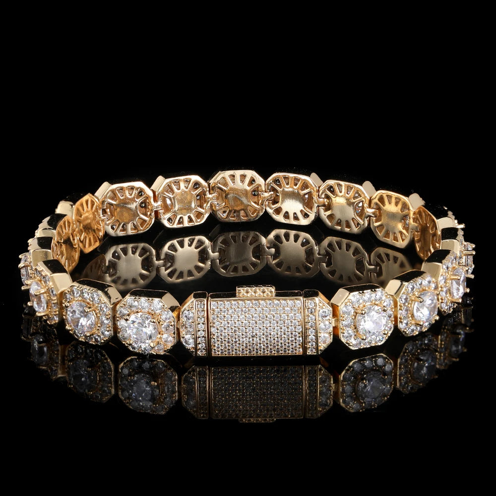 NUOYA Custom Hip Hop Tennis Bracelet 10mm Iced Out Square Zircon Gold Clustered Tennis Chain Bracelet for Men