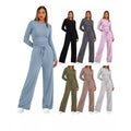 Women's Casual Suit Solid Color Print O-Neck Long Sleeve Top With Pleated Waist Pants Loose Fit Daily Wear Custom Logo