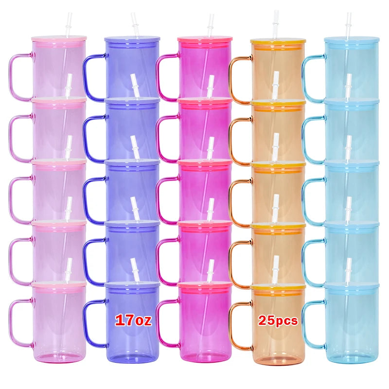RTS USA Warehouse 25pcs/ctn 17oz Sublimation Jelly Color Glass Can Beer Cups Mugs with Handle and Colored Lids 5 Colors Mixed