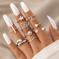 9pcs Flower Star Opening Ring Sets Boho Vintage Geometric Joint Finger Pearl Ring Set for Women Jewelry