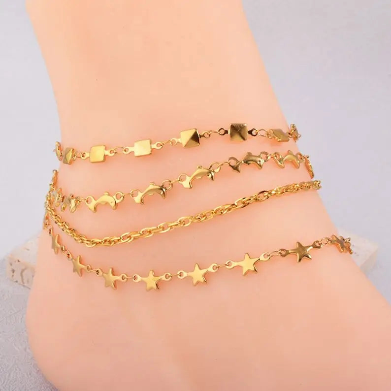 Wholesale 2022 Woman's Square Star Dolphin Steel Shoes Jewelry 18K Waterproof Gold Foot Anklets