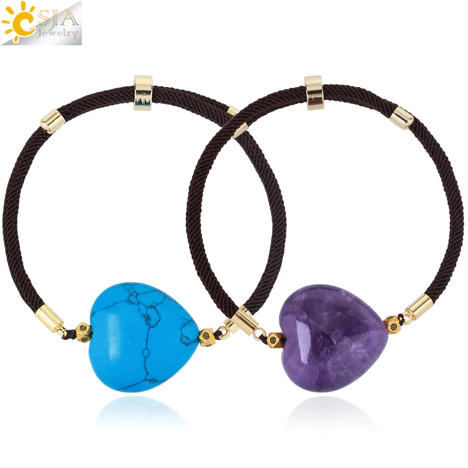 CSJA Wholesale Rope String Bracelets Pink Quartz Obsidian Amethysts Natural Stone Heart Shape Crystal Bracelet H098