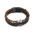 Personalized Multilayer Black Leather Mens Bracelet Stainless Steel Buckle Tiger Eye Beads Cross Bracelet Jewelry