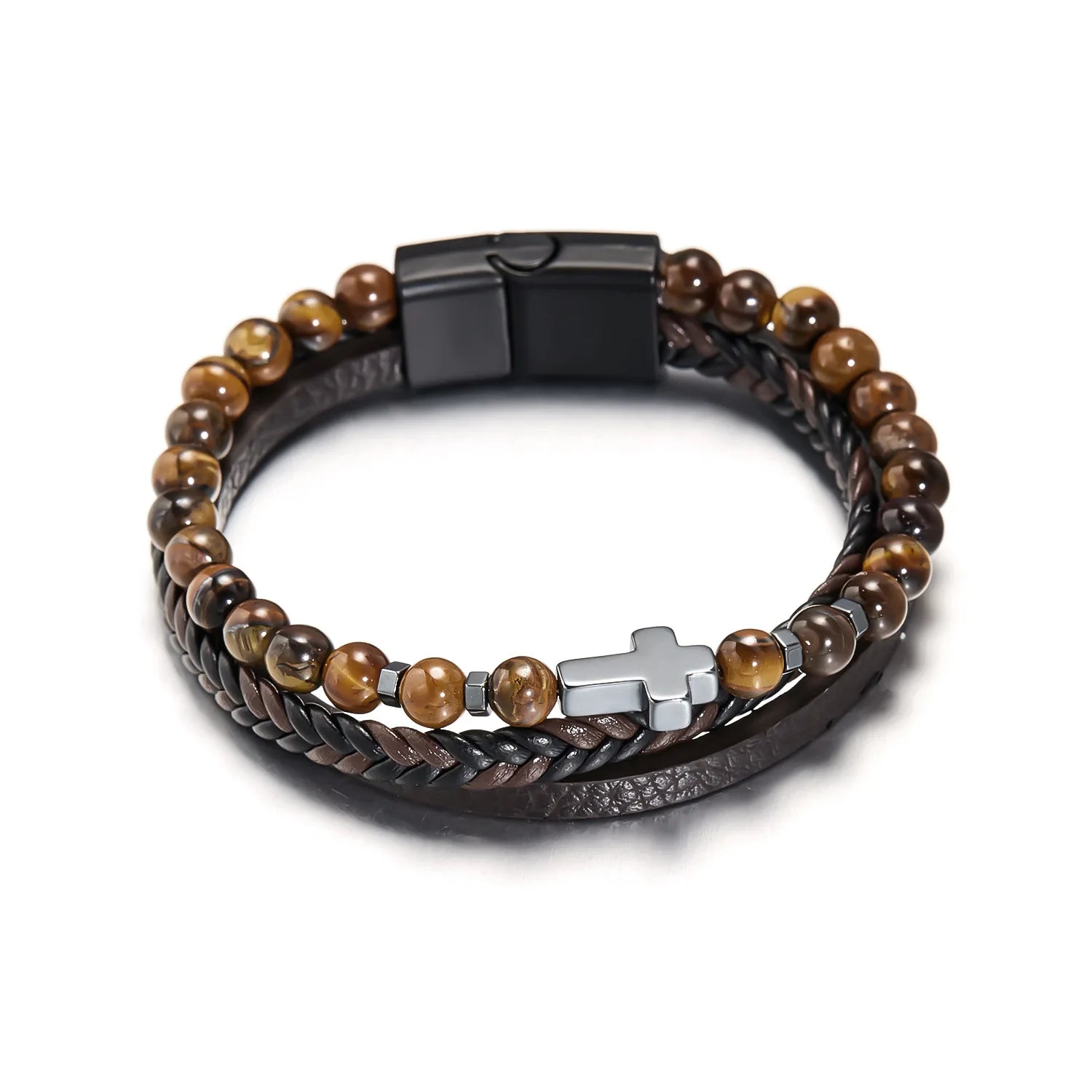 Personalized Multilayer Black Leather Mens Bracelet Stainless Steel Buckle Tiger Eye Beads Cross Bracelet Jewelry