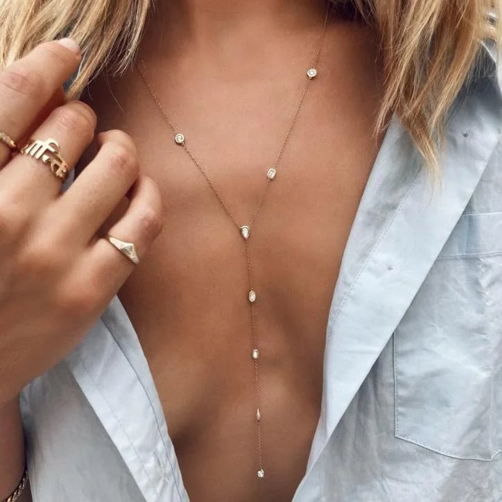 LOZRUNVE Brand Hiphop Summer Collection 925 Sterling Silver Bezel Droplet Lariat Necklace Jewelry