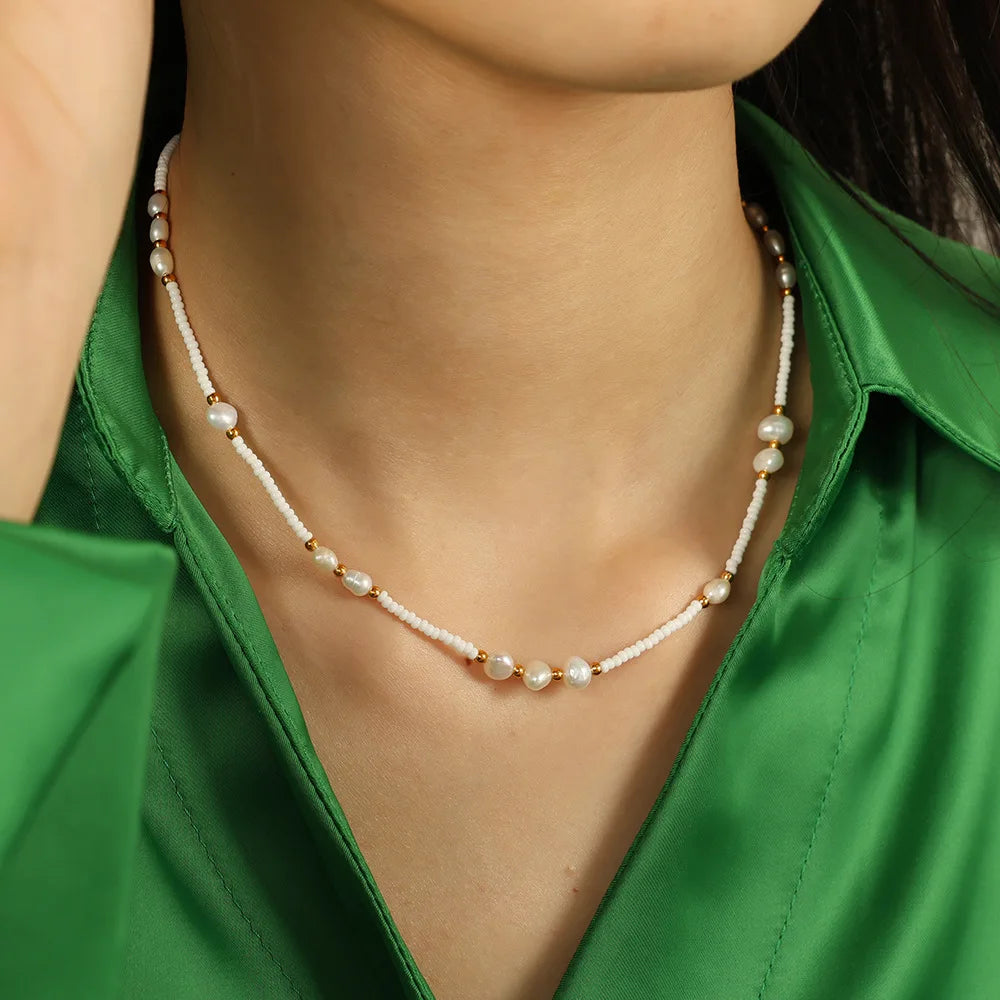 French Gold Waterproof Stainless Steel Beaded Chain Necklace for Women Fashion Gifts with Natural Pearl for Mother's Day