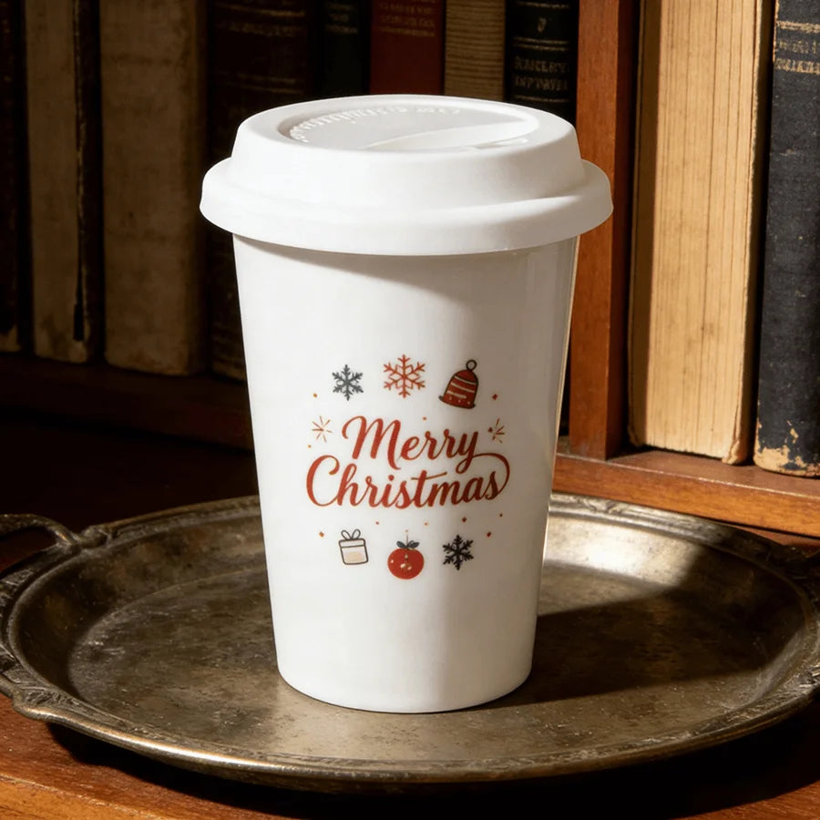 Topjlh Sublimation Ceramic Mug 300ml Custom Logo Blank White Ceramic Cup Personalized Mugs with Lid for Travel Camping Gifts