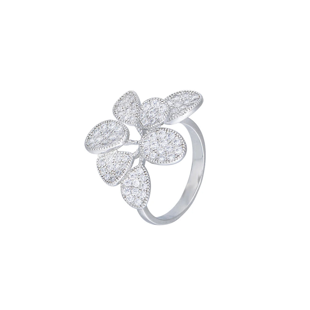 Newest Silver Plated Casual Luxury Leaf Design Cubic Zircon Micro Paved Adjustable Finger Rings for Womens Party Costume Jewelry