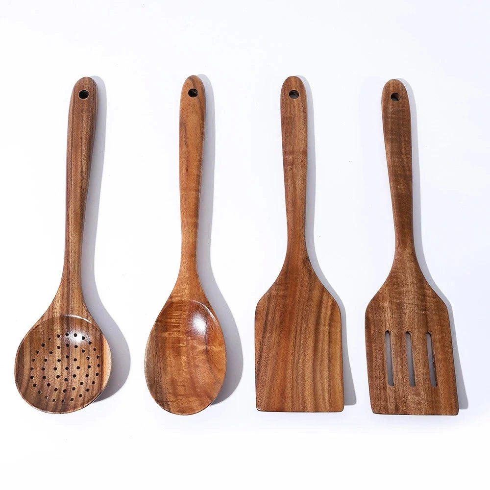 4 Piece Wooden Kitchen Utensil Set Acacia Wood Cooking Spoon Slotted Turner Strainer Non-Stick Cookware Safe Bamboo Tools
